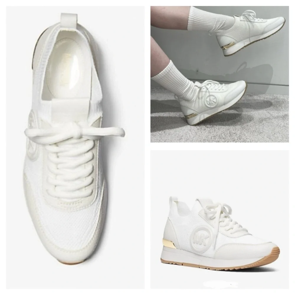 MICHAEL KORS Jenkins Stretch Knit Trainer In white gold size 8.5